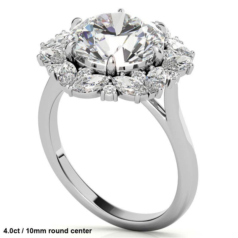 Round and Marquise Floral Halo Moissanite Engagement Ring