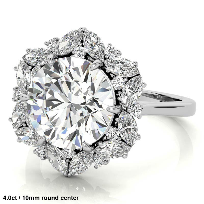 Round and Marquise Floral Halo Moissanite Engagement Ring