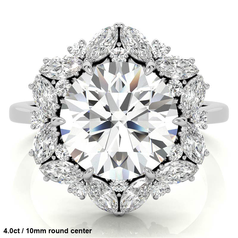 Round and Marquise Floral Halo Moissanite Engagement Ring