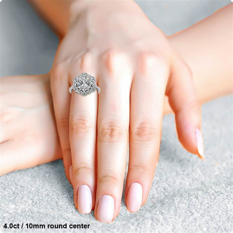 Round and Marquise Floral Halo Moissanite Engagement Ring