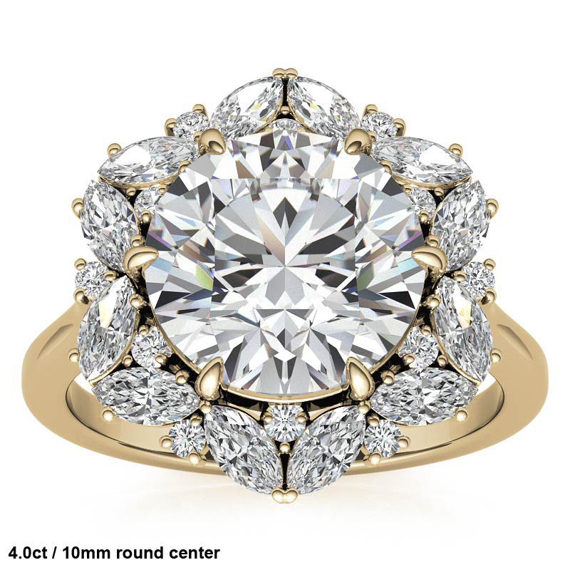 Round and Marquise Floral Halo Moissanite Engagement Ring