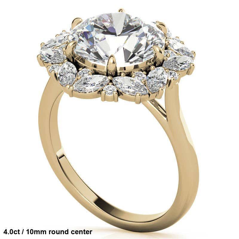 Round and Marquise Floral Halo Moissanite Engagement Ring
