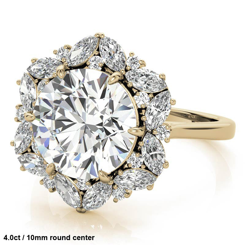 Round and Marquise Floral Halo Moissanite Engagement Ring