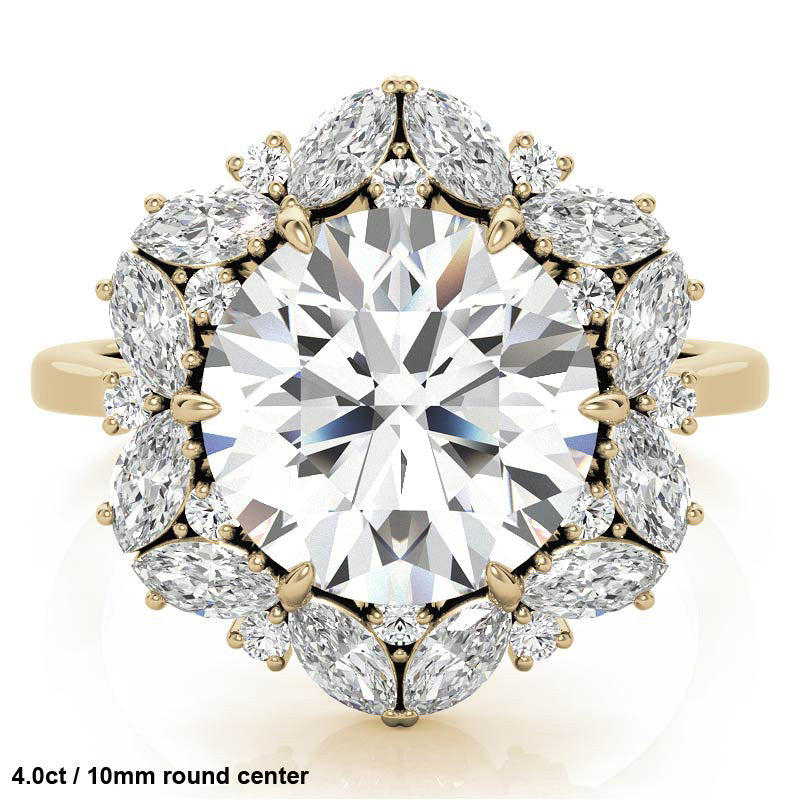 Round and Marquise Floral Halo Moissanite Engagement Ring