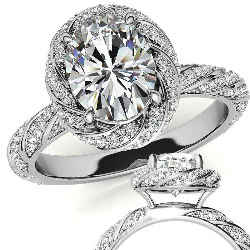 Oval Twisted Helix Halo Moissanite Engagement Ring