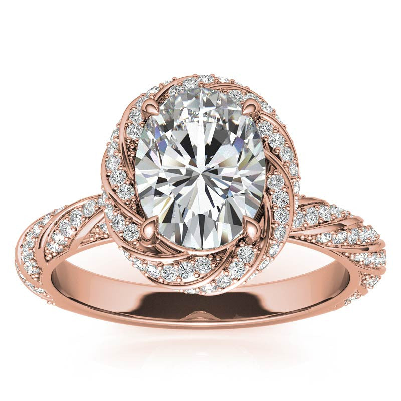 Oval Twisted Helix Halo Moissanite Engagement Ring