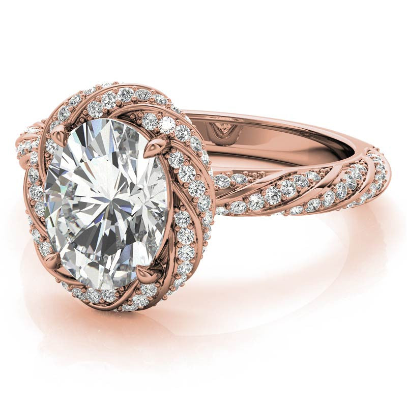 Oval Twisted Helix Halo Moissanite Engagement Ring