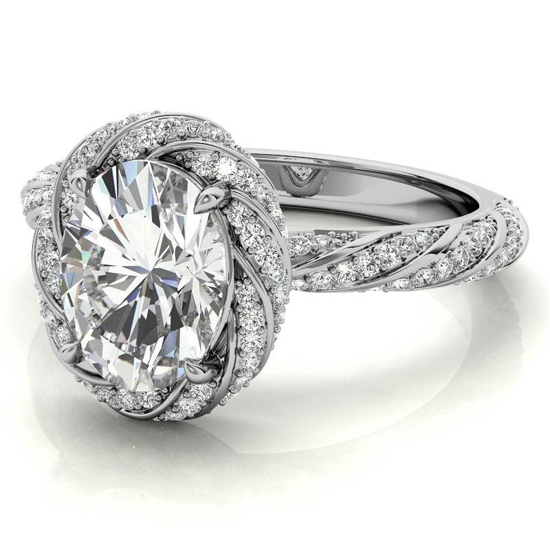 Oval Twisted Helix Halo Moissanite Engagement Ring