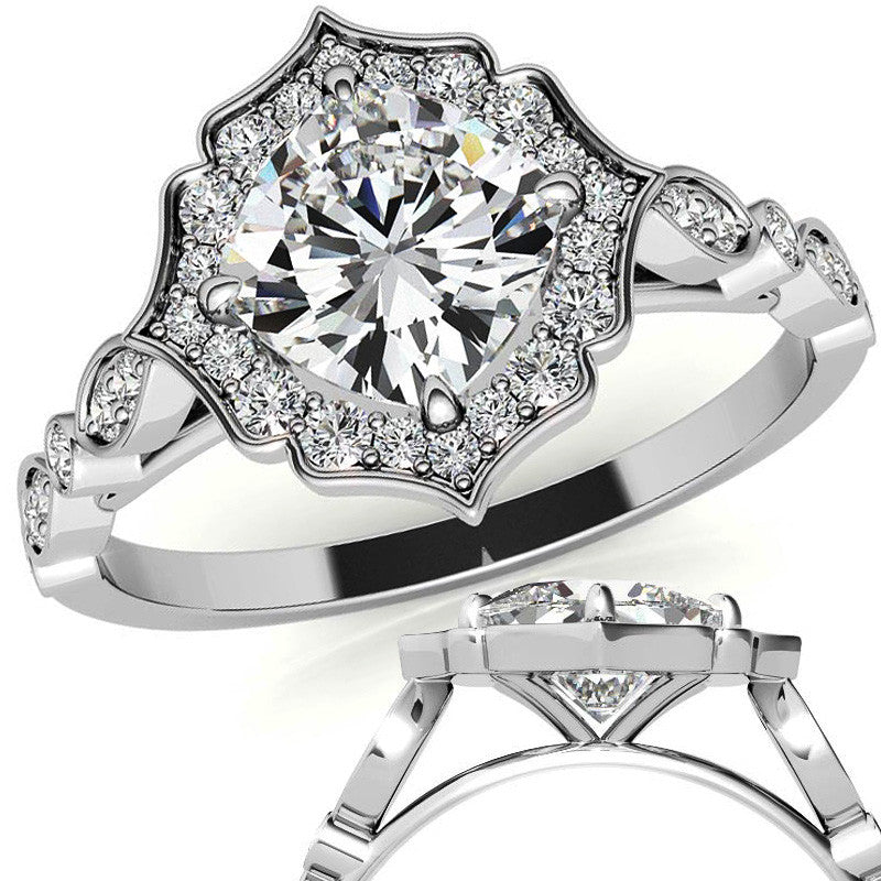 Cushion Halo Moissanite Engagement Ring with Scalloped Band