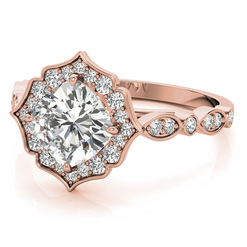 Cushion Halo Moissanite Engagement Ring with Scalloped Band