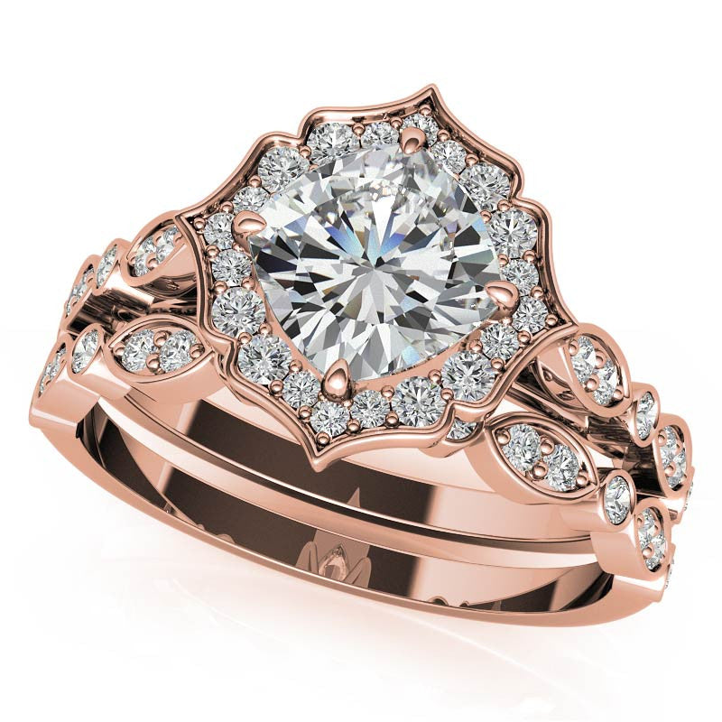 Cushion Halo Moissanite Engagement Ring with Scalloped Band