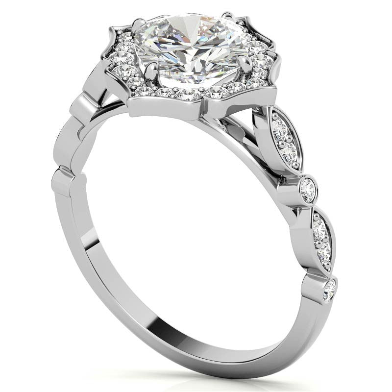 Cushion Halo Moissanite Engagement Ring with Scalloped Band