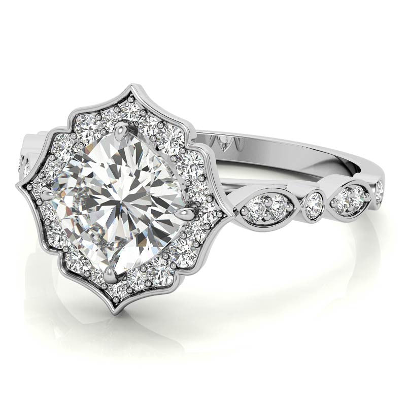 Cushion Halo Moissanite Engagement Ring with Scalloped Band