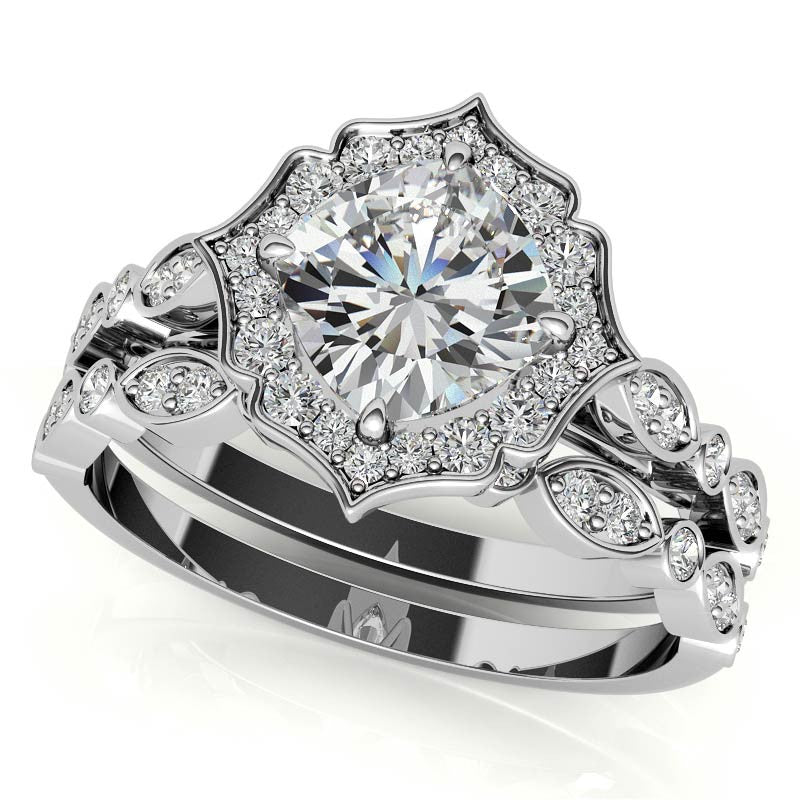 Cushion Halo Moissanite Engagement Ring with Scalloped Band