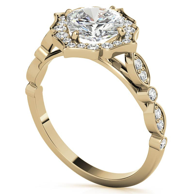 Cushion Halo Moissanite Engagement Ring with Scalloped Band