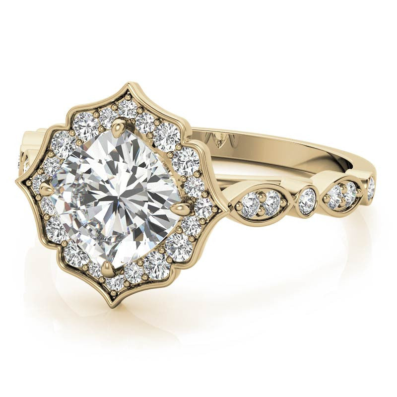 Cushion Halo Moissanite Engagement Ring with Scalloped Band