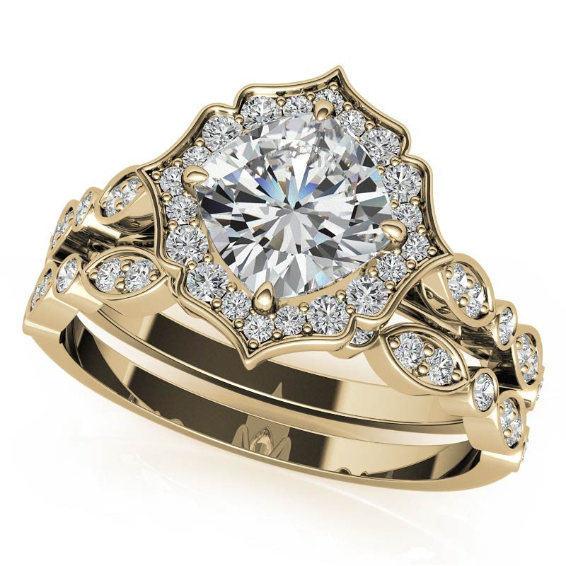 Cushion Halo Moissanite Engagement Ring with Scalloped Band