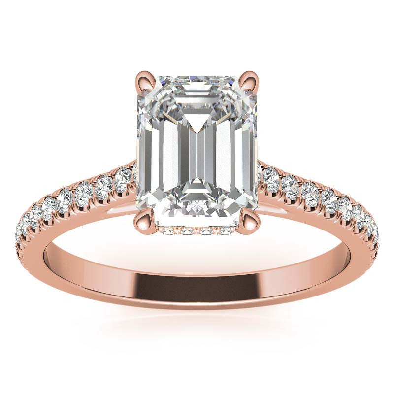 Emerald / Radiant Hidden Halo Cathedral Moissanite Engagement Ring
