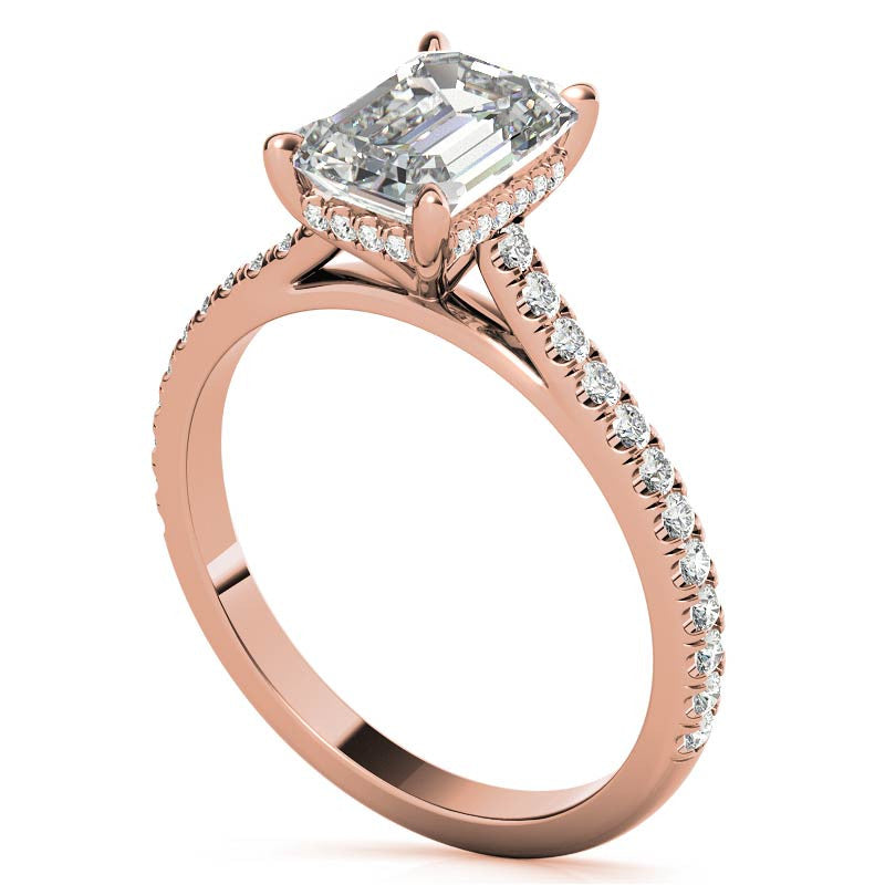 Emerald / Radiant Hidden Halo Cathedral Moissanite Engagement Ring