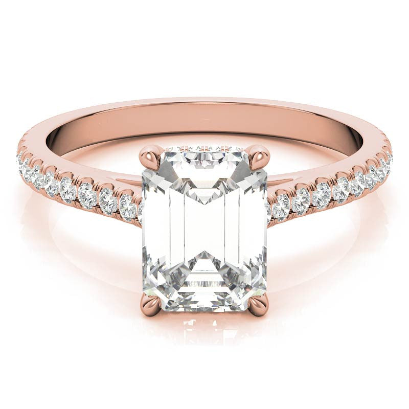 Emerald / Radiant Hidden Halo Cathedral Moissanite Engagement Ring