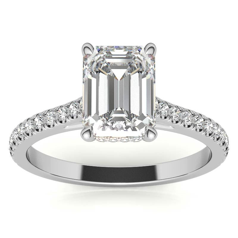 Emerald / Radiant Hidden Halo Cathedral Moissanite Engagement Ring