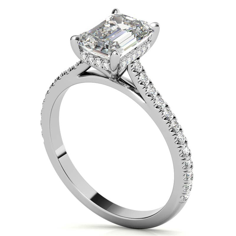 Emerald / Radiant Hidden Halo Cathedral Moissanite Engagement Ring