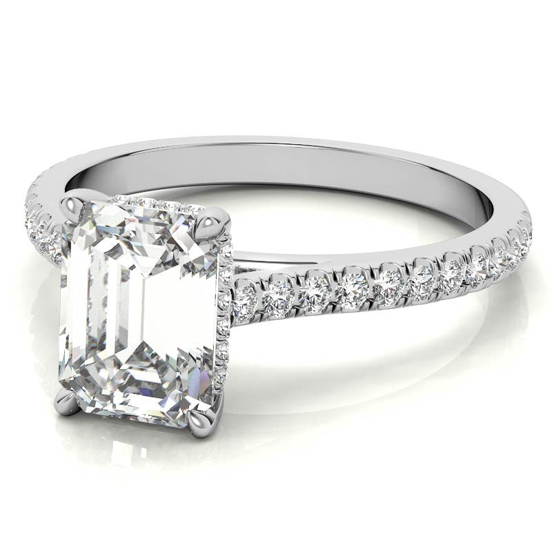 Emerald / Radiant Hidden Halo Cathedral Moissanite Engagement Ring
