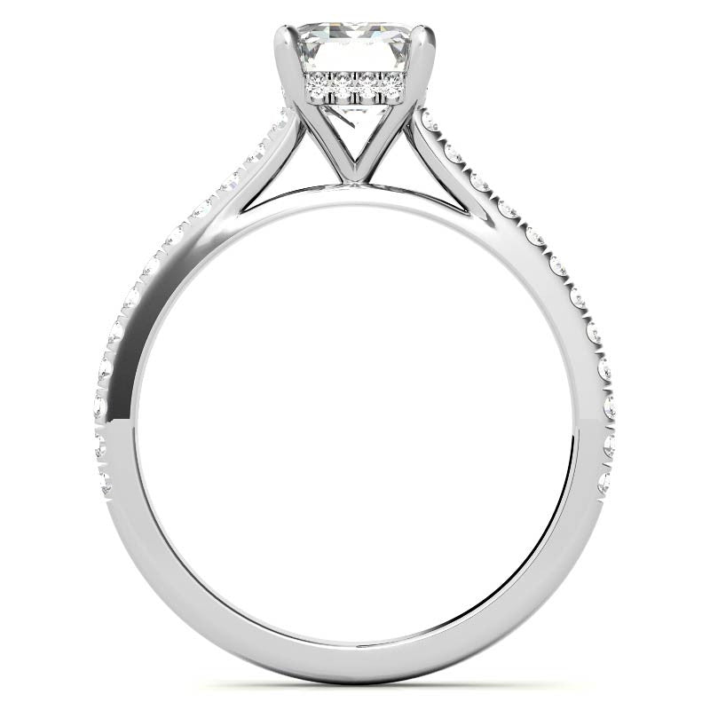 Emerald / Radiant Hidden Halo Cathedral Moissanite Engagement Ring