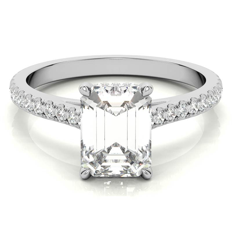 Emerald / Radiant Hidden Halo Cathedral Moissanite Engagement Ring