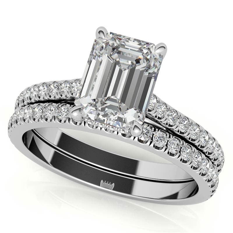 Emerald / Radiant Hidden Halo Cathedral Moissanite Engagement Ring
