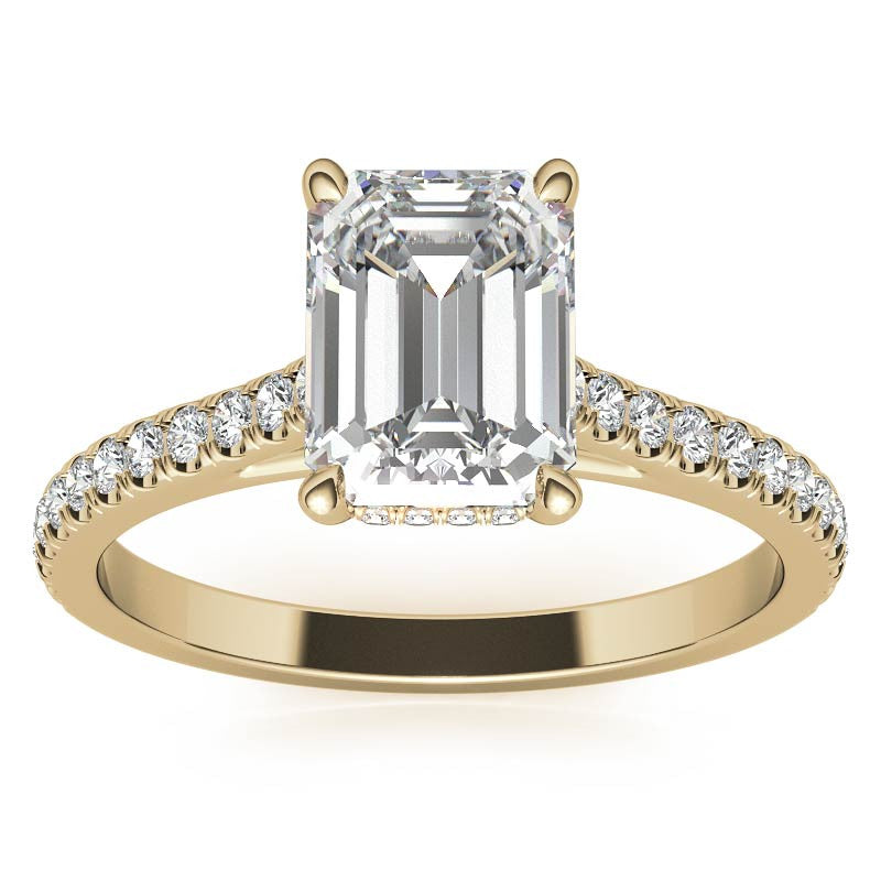 Emerald / Radiant Hidden Halo Cathedral Moissanite Engagement Ring