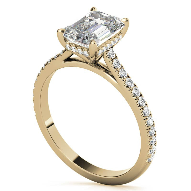 Emerald / Radiant Hidden Halo Cathedral Moissanite Engagement Ring