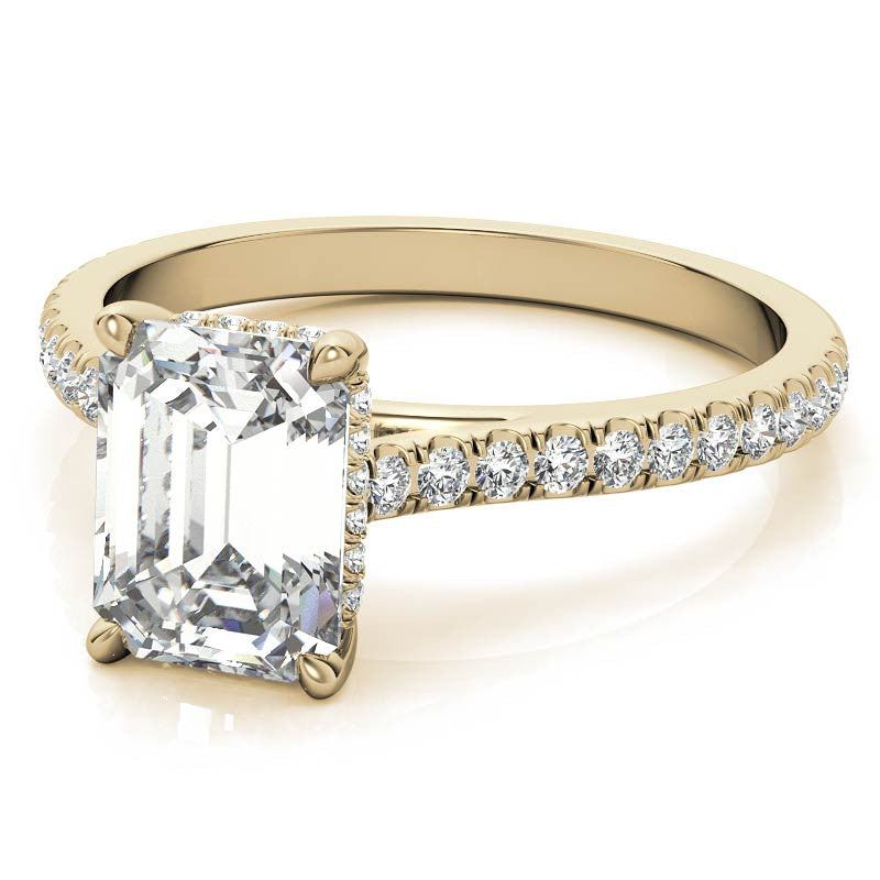 Emerald / Radiant Hidden Halo Cathedral Moissanite Engagement Ring