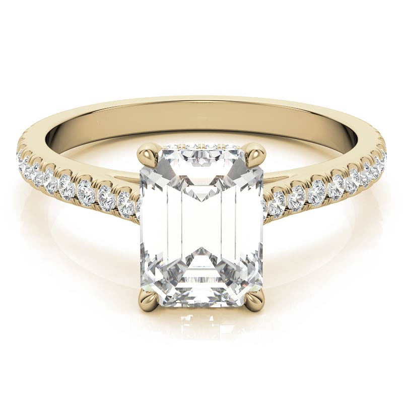 Emerald / Radiant Hidden Halo Cathedral Moissanite Engagement Ring