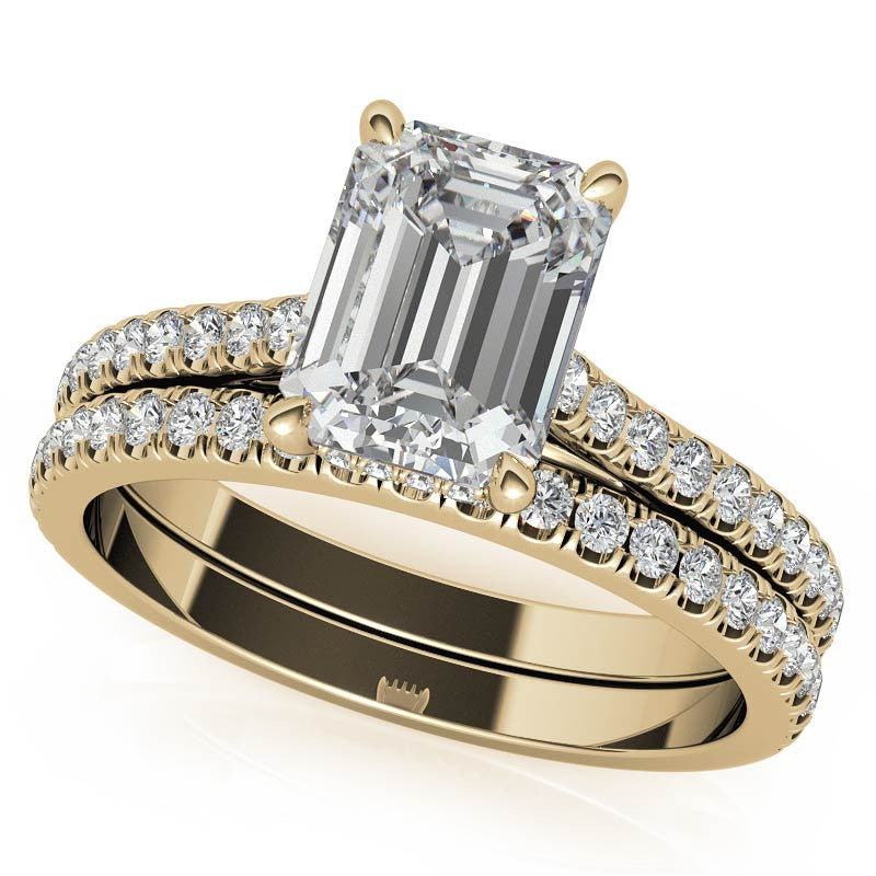 Emerald / Radiant Hidden Halo Cathedral Moissanite Engagement Ring