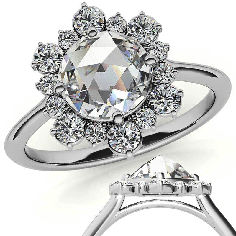 Round Rose Cut Halo Moissanite Engagement Ring