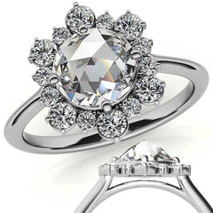 Round Rose Cut Halo Moissanite Engagement Ring