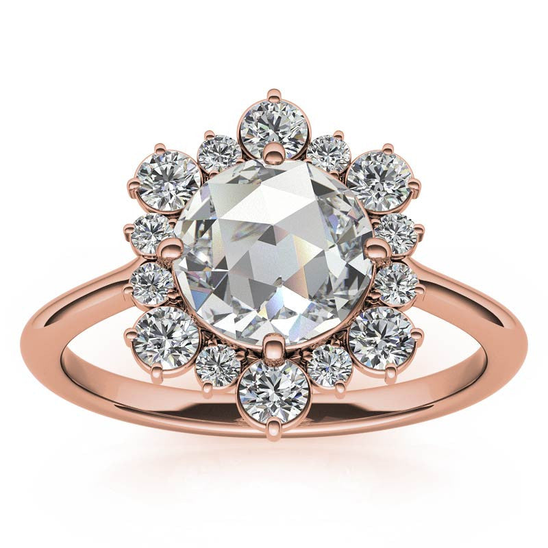 Round Rose Cut Halo Moissanite Engagement Ring