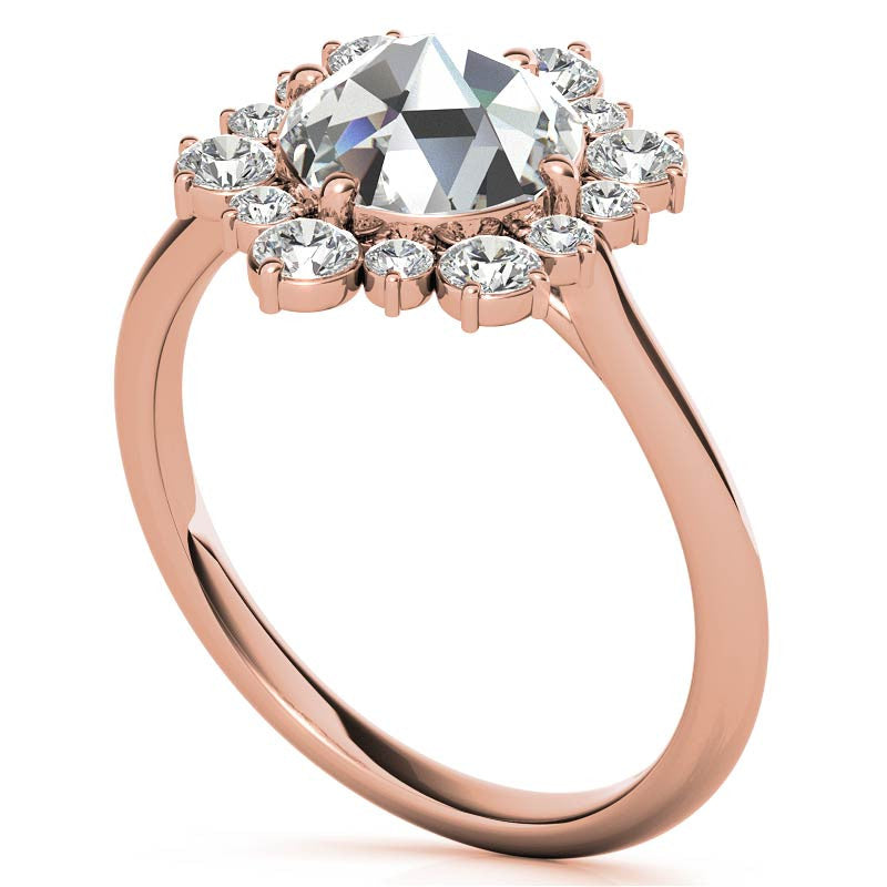 Round Rose Cut Halo Moissanite Engagement Ring
