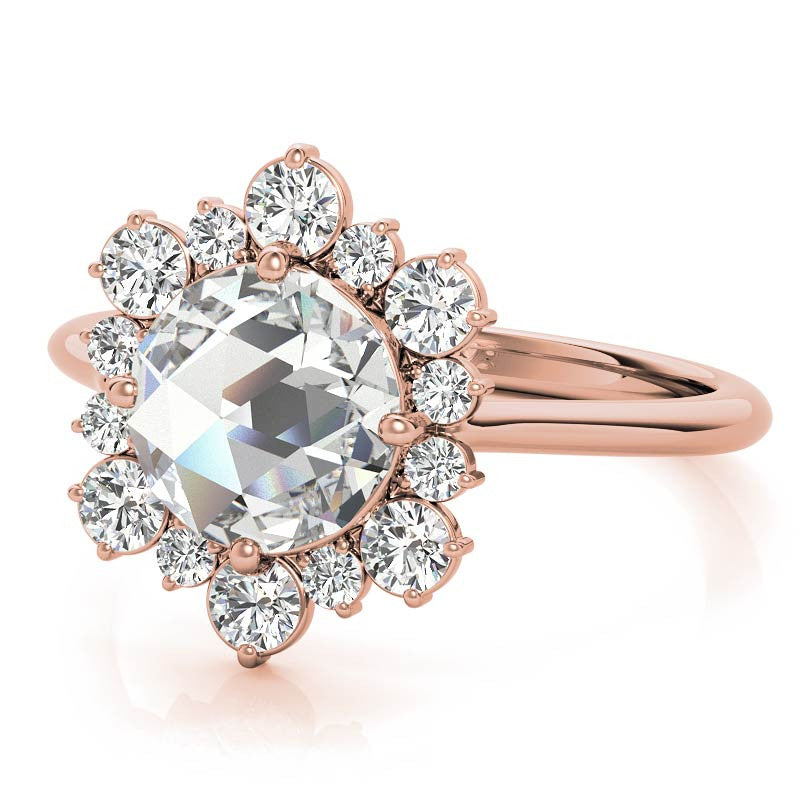 Round Rose Cut Halo Moissanite Engagement Ring