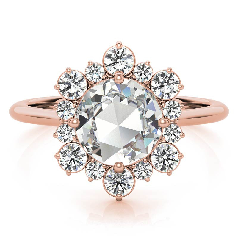 Round Rose Cut Halo Moissanite Engagement Ring