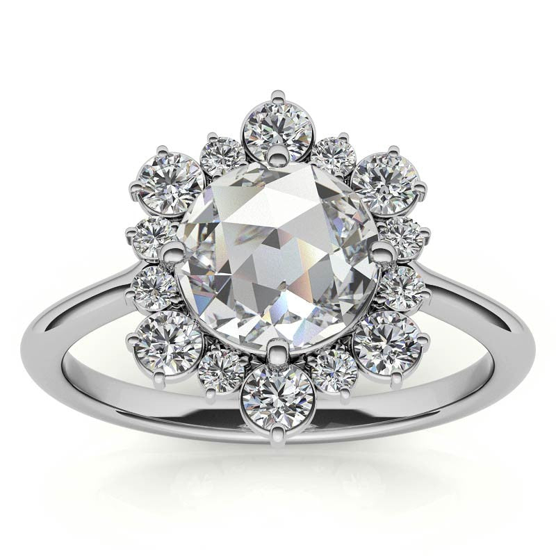 Round Rose Cut Halo Moissanite Engagement Ring