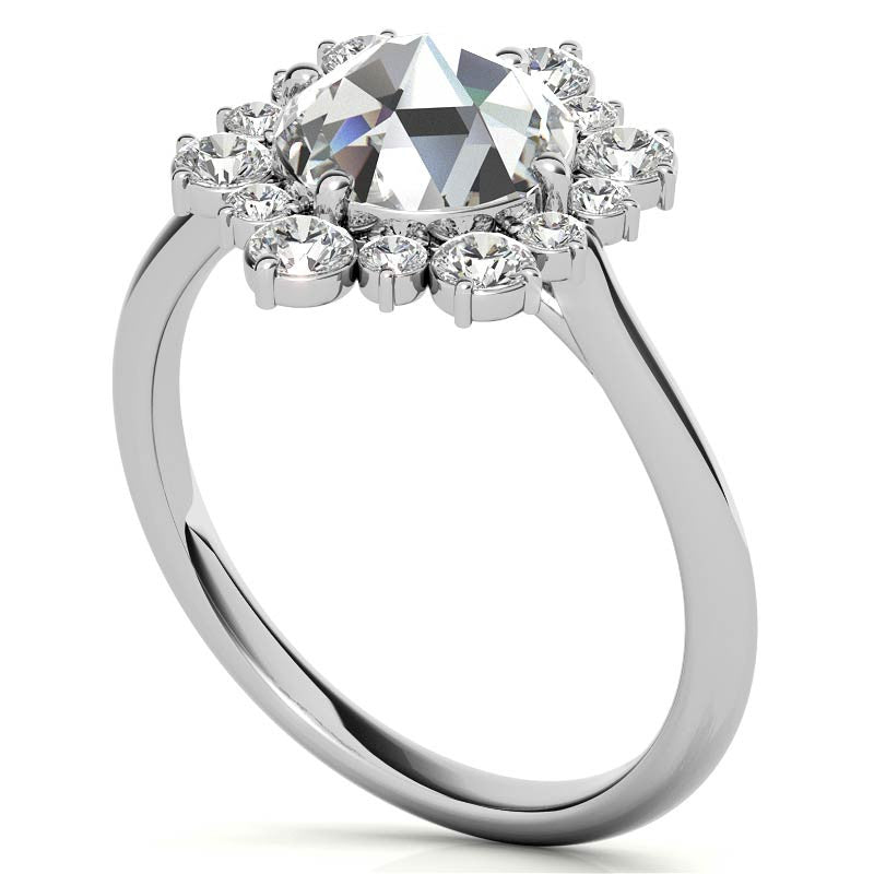 Round Rose Cut Halo Moissanite Engagement Ring