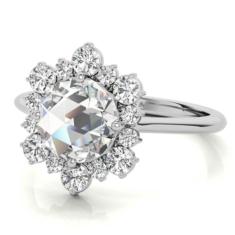 Round Rose Cut Halo Moissanite Engagement Ring