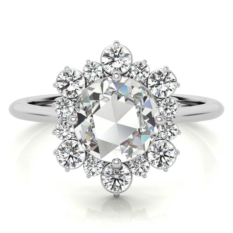 Round Rose Cut Halo Moissanite Engagement Ring