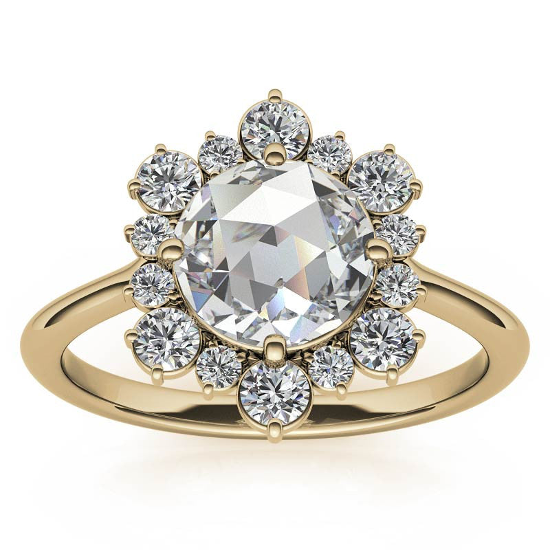 Round Rose Cut Halo Moissanite Engagement Ring