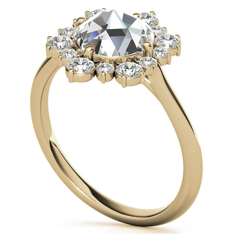 Round Rose Cut Halo Moissanite Engagement Ring