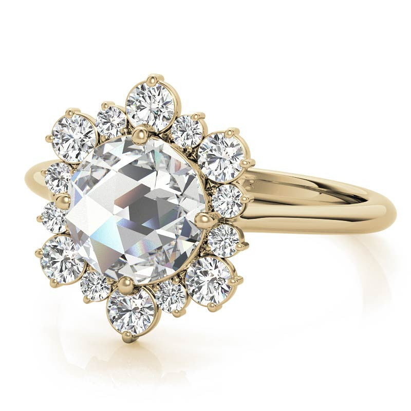 Round Rose Cut Halo Moissanite Engagement Ring