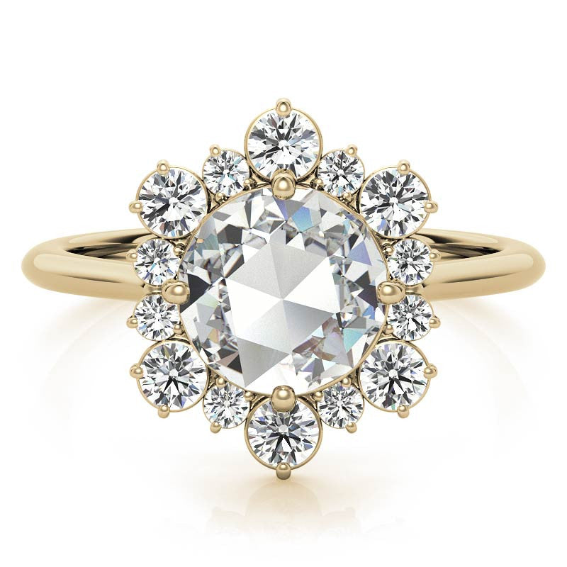 Round Rose Cut Halo Moissanite Engagement Ring