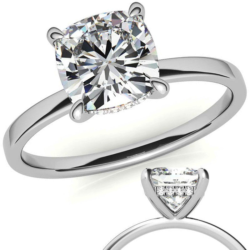 Petite Cushion Moissanite Engagement Ring with Hidden Halo